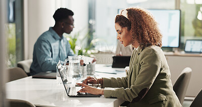 Buy stock photo Meeting, research and woman in office with laptop for typing, data analysis or business report at startup. Computer, web idea and businesswoman in boardroom planning online schedule at digital agency