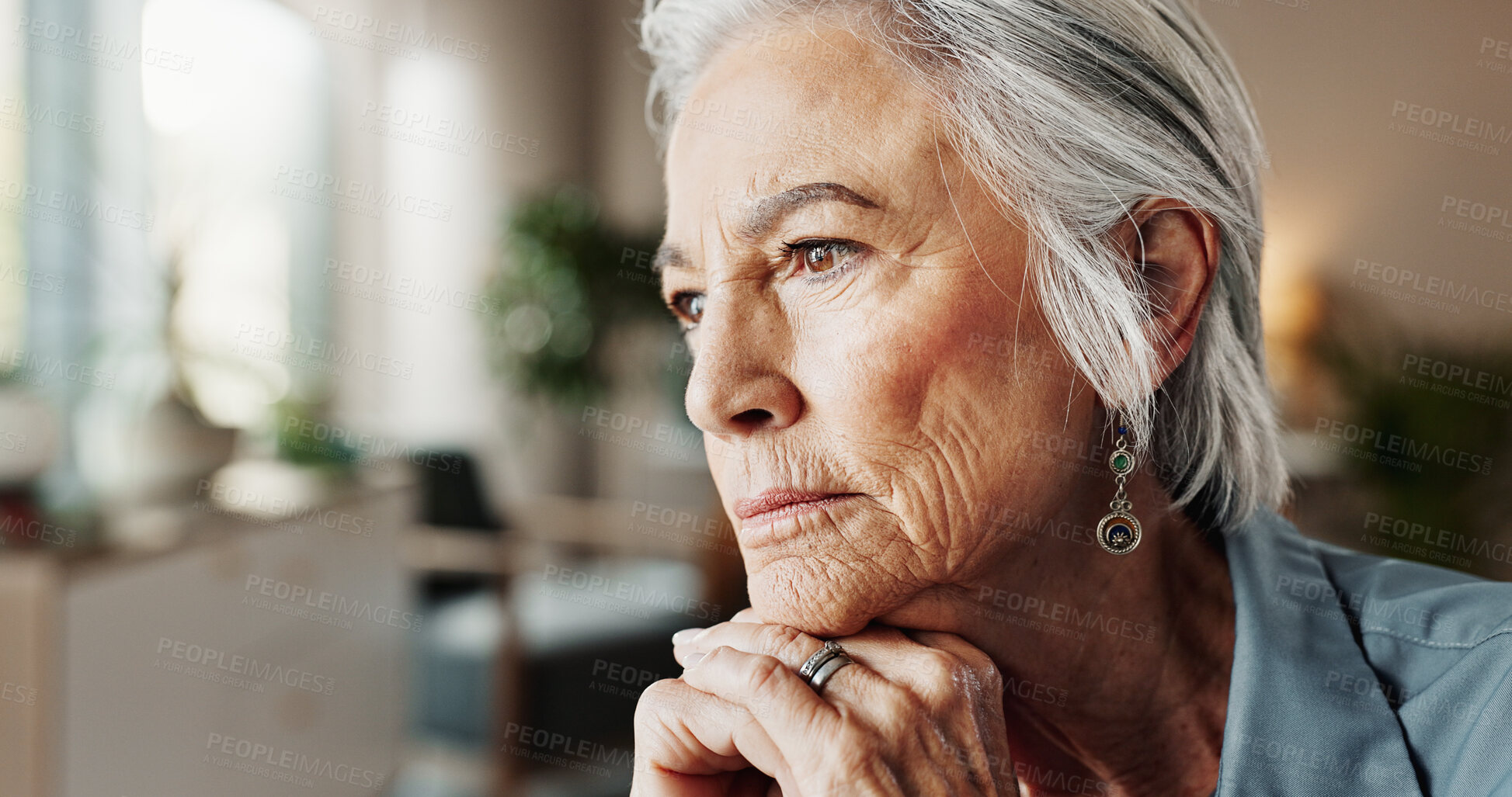 Buy stock photo Elderly woman, thinking and sofa for mental health, lonely or grief in home with nostalgia in retirement. Senior person, vision and couch for depression, anxiety and sad with past memory or wondering