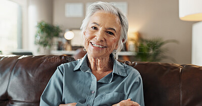 Buy stock photo Senior, woman and portrait with smile on sofa for relax, safety and security in retirement home. Wellness, elderly person and happy pensioner on couch in living room with comfort, peaceful and pride