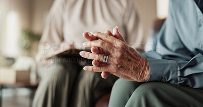 Buy stock photo Hands, doctor and therapy in office, hospital or clinic for examination, support or conversation. Female people, psychologist and advice for wellness, mental health or medical services for depression