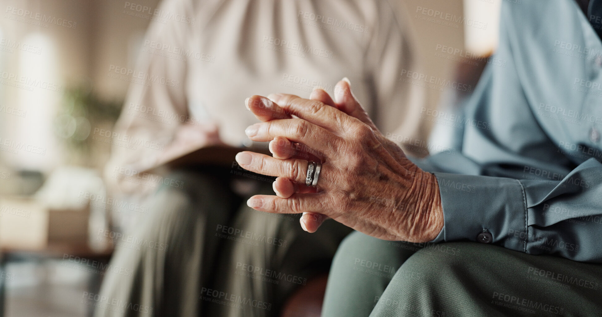 Buy stock photo Hands, doctor and therapy in office, hospital or clinic for examination, support or conversation. Female people, psychologist and advice for wellness, mental health or medical services for depression