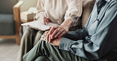 Buy stock photo Helping hand, doctor and patient in hospital for therapy in examination, support or conversation. Female people, psychologist and advice for wellness, mental health or medical services for depression