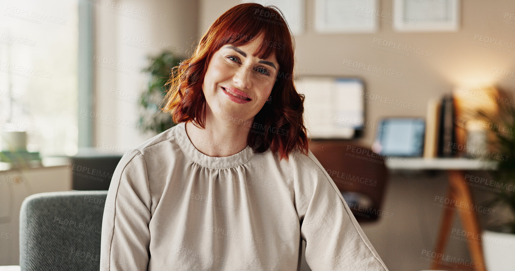 Buy stock photo Woman, therapist portrait and smile for counselling, help and perspective for support in office. Psychologist, healthcare and happy for advice, listen or empathy for mental health consultation