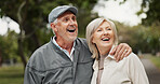 Smile, love and bonding with old couple in park for retirement, happiness and wellness. Support, date and romance with senior man and woman in nature for partner, marriage and peace together