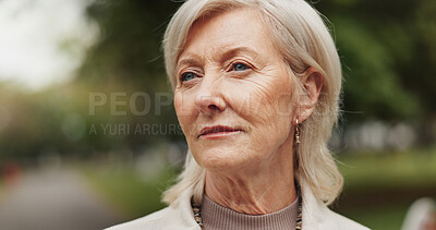 Buy stock photo Outdoor, mature woman and thinking on walk for break, mental health and nostalgic. Female person, park and thoughts for retirement in nature for calm, rest and fresh air with reflecting and memories