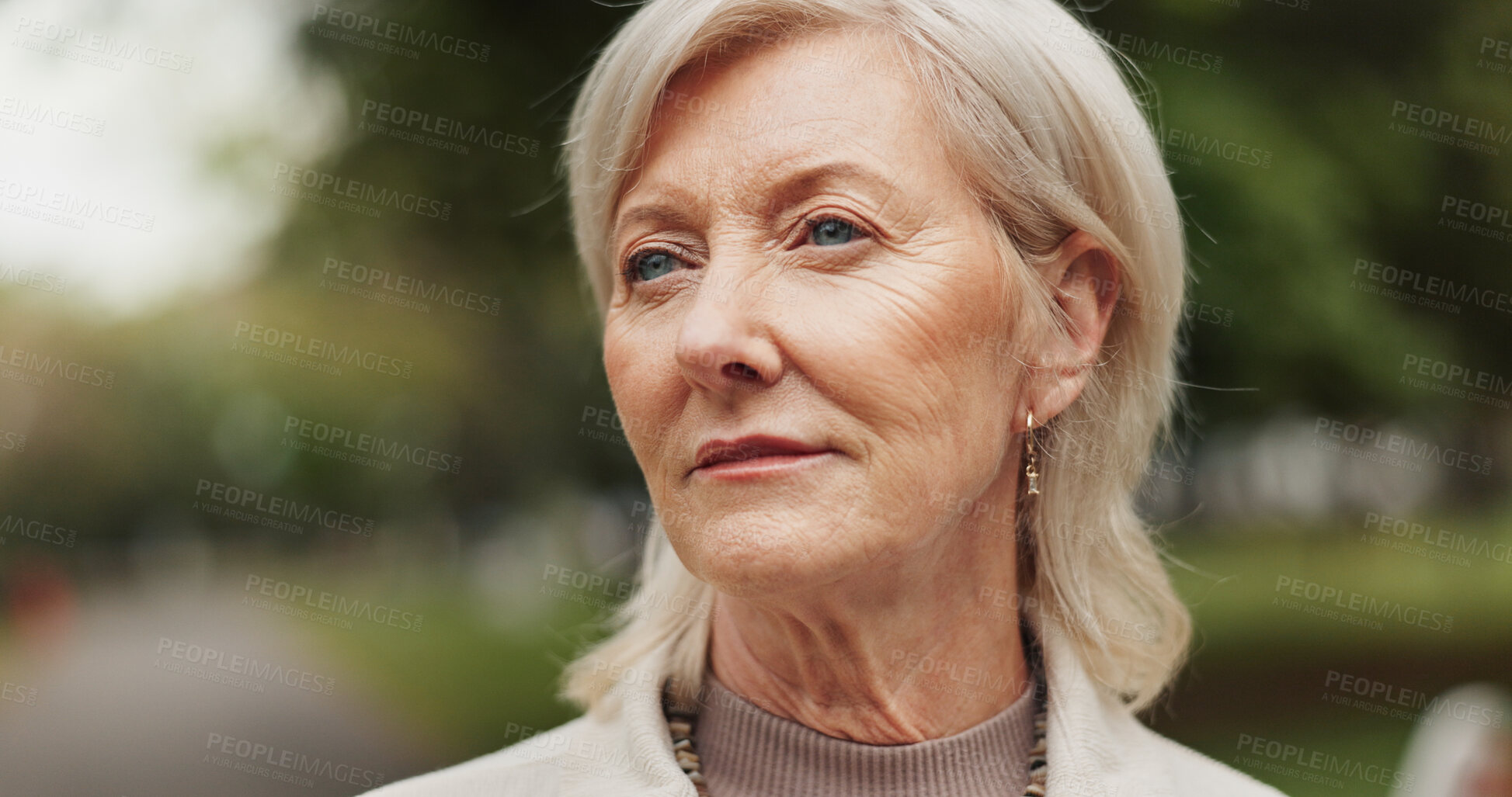 Buy stock photo Outdoor, mature woman and thinking on walk for break, mental health and nostalgic. Female person, park and thoughts for retirement in nature for calm, rest and fresh air with reflecting and memories