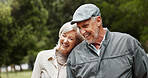 Date, love and laughing with old couple in park for retirement, happiness and wellness. Funny, smile and romance with senior man and woman bonding in nature for partner, marriage and comedy together