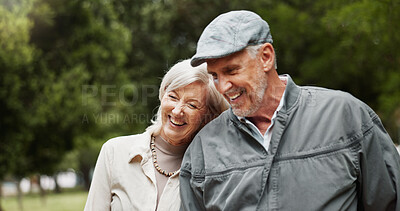 Buy stock photo Date, love and laughing with old couple in park for retirement, happiness and wellness. Funny, smile and romance with senior man and woman bonding in nature for partner, marriage and comedy together