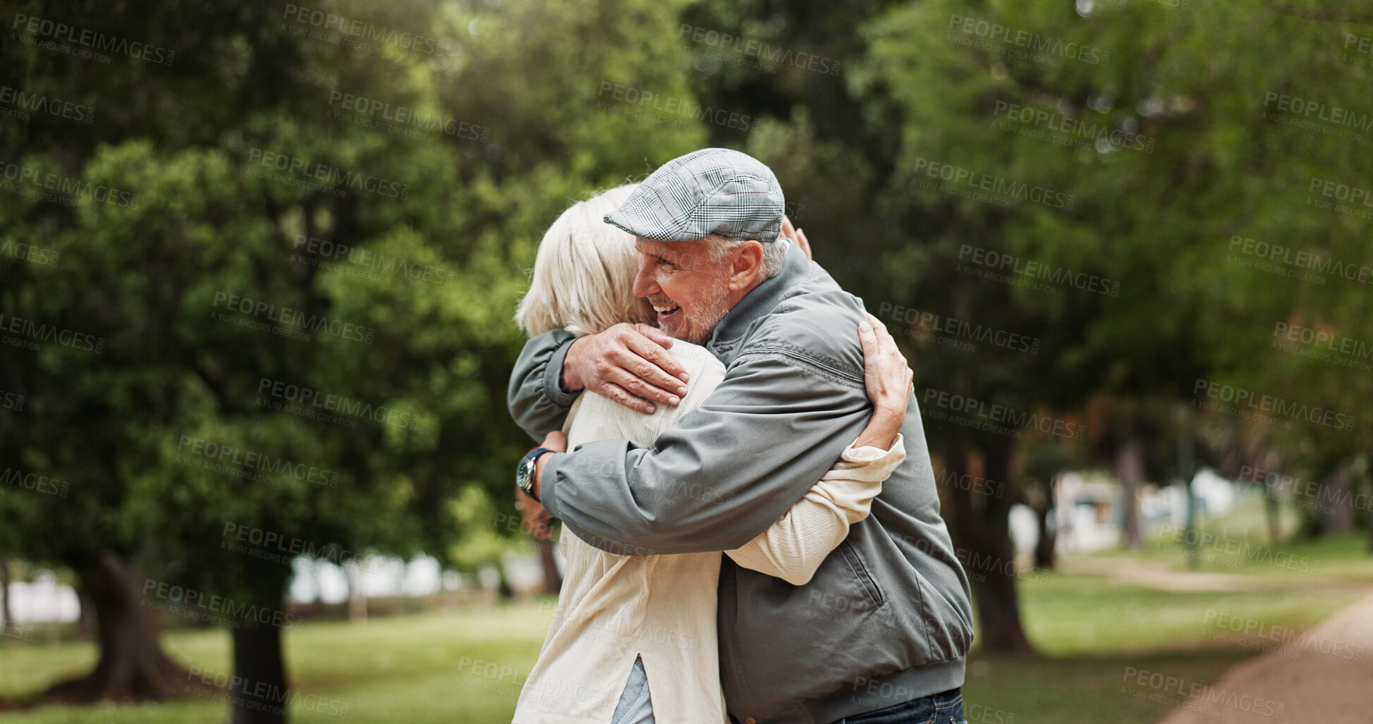 Buy stock photo Elderly couple, happy and hug in park with love, affection and trust on healthy marriage. Senior people, excited and outdoor with embrace for connection, support and travel on vacation in Australia