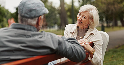 Buy stock photo Mature couple, laughing and outdoor in park for bonding, relationship or nostalgia with happiness. Woman, man and fun for relax, break and rest in nature for calm, environment or fresh air on weekend