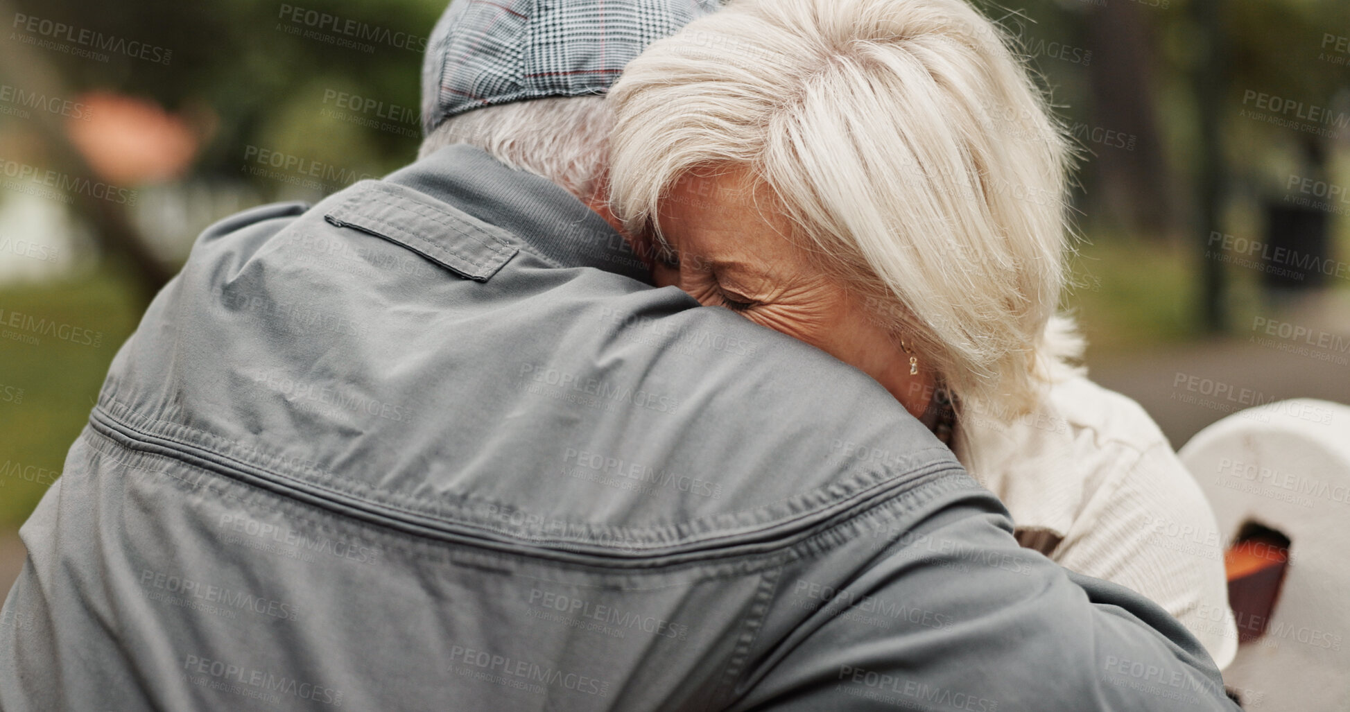 Buy stock photo Mature couple, hug and outdoor in relationship for bonding, connection and empathy with comfort. Woman, man and embrace for love, relax and care in nature for calm, environment and support on weekend