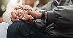 Senior couple, park and holding hands for bonding, conversation and marriage together outdoors. Retirement, empathy and elderly man with women in nature on bench for love, embrace and connection