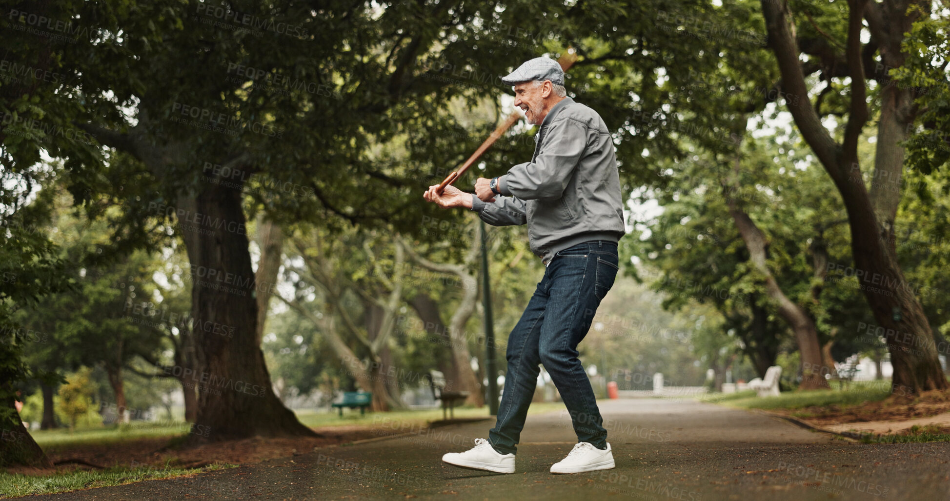 Buy stock photo Dance, energy and walking stick with old man in park for winner, announcement and freedom. Achievement, success and fun with senior person and celebration for retirement, good news and confidence 