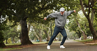 Buy stock photo Senior, happy man or dancing with celebration at park for good news, winning or retirement promotion. Mature, excited or male person with smile in joy for prize, pension increase or freedom in nature