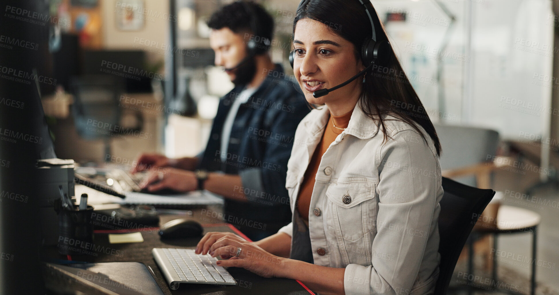 Buy stock photo Business woman, consultant or call center with headphones for desktop support, tech assistance or web navigation. Female person, agent or operator on computer for online help or customer service