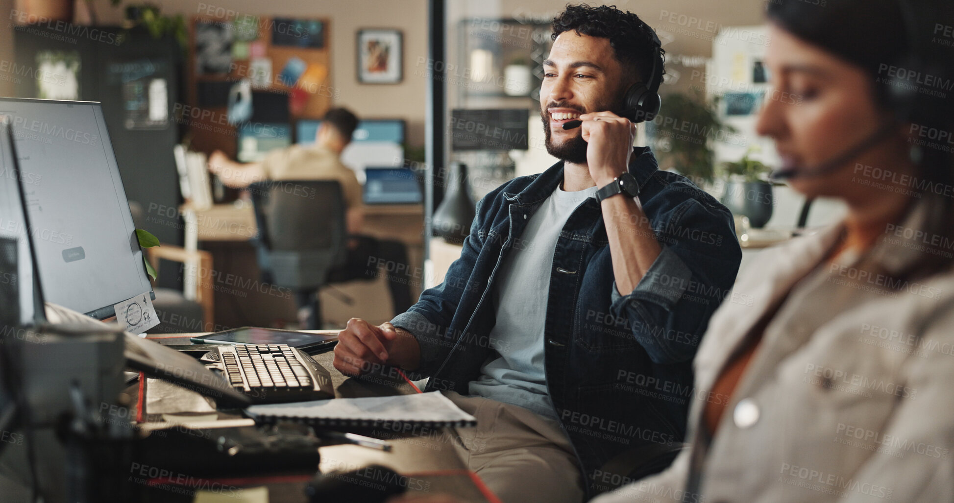 Buy stock photo Happy man, agent or tech support with headphones at call center for web navigation or technical service. Male person, consultant or employee talking on computer for online advice or customer care