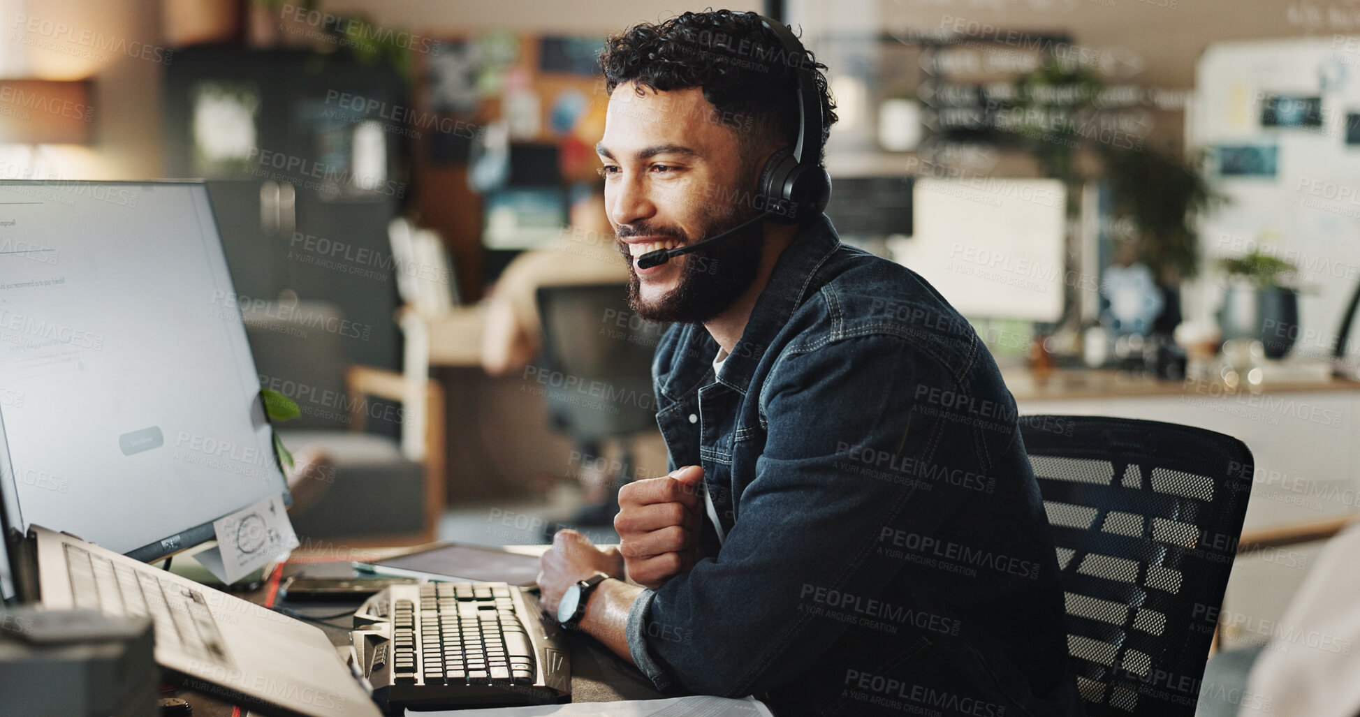 Buy stock photo Headset, tech support and happy man in office with discussion, online help and website advice. Virtual assistant, customer service and IT consultant on call with computer, conversation or sales offer