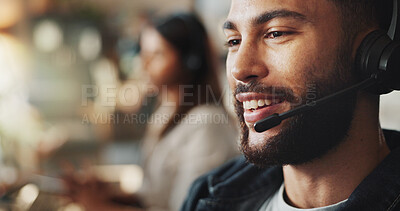 Buy stock photo Headset, tech support and face of man in office with smile, online advice and discussion at crm callcenter. Virtual assistant, customer service agent or happy IT consultant on call in coworking space