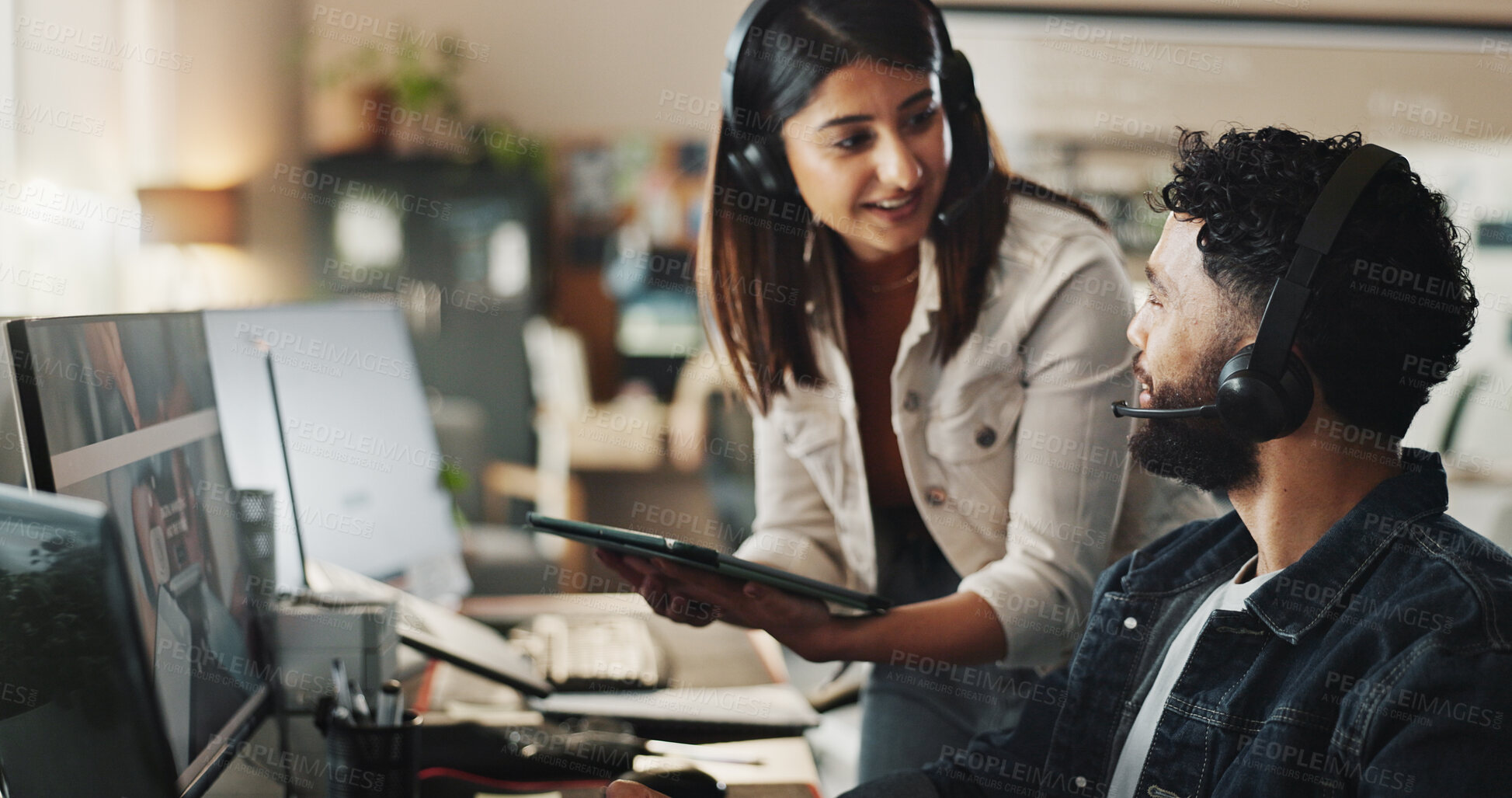 Buy stock photo Call center, collaboration and business people with tablet, headset and teamwork for online support. Telemarketing, crm and customer service script with planning and agent faq for job training