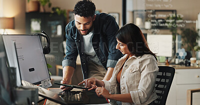 Buy stock photo Creative, help and business people with computer, tablet or online planning schedule at digital agency. Teamwork, man and woman in office for web design, programming or advice in software development