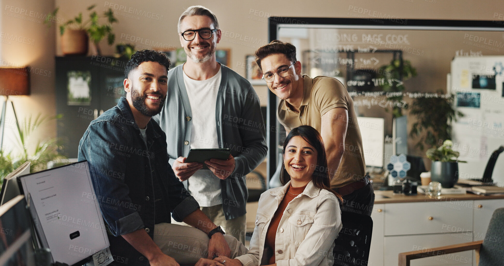 Buy stock photo Creative, portrait and group of business people with computer, smile or solidarity at digital agency. Web design, developer or happy programmer team in office together with confidence at tech startup