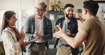 Buy stock photo Group of people, diversity and applause in meeting, celebration or workshop as success together. Teamwork, clapping and excited in office as community, staff or colleagues for collaboration or career