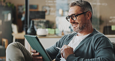 Buy stock photo Business, connection and mature man with tablet, smile and online news in modern office. Person, entrepreneur and employee in workplace, tech and network with digital app for social media or chatting