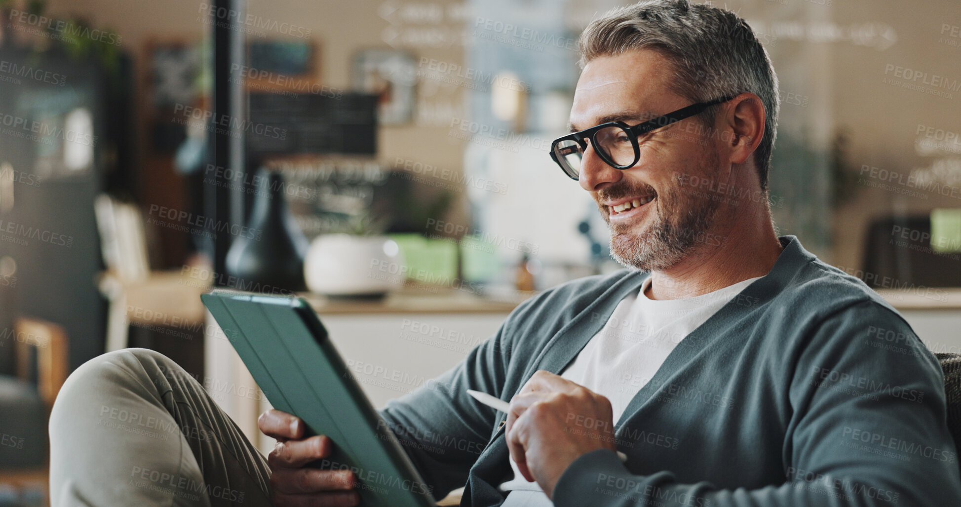 Buy stock photo Business, connection and mature man with tablet, smile and online news in modern office. Person, entrepreneur and employee in workplace, tech and network with digital app for social media or chatting