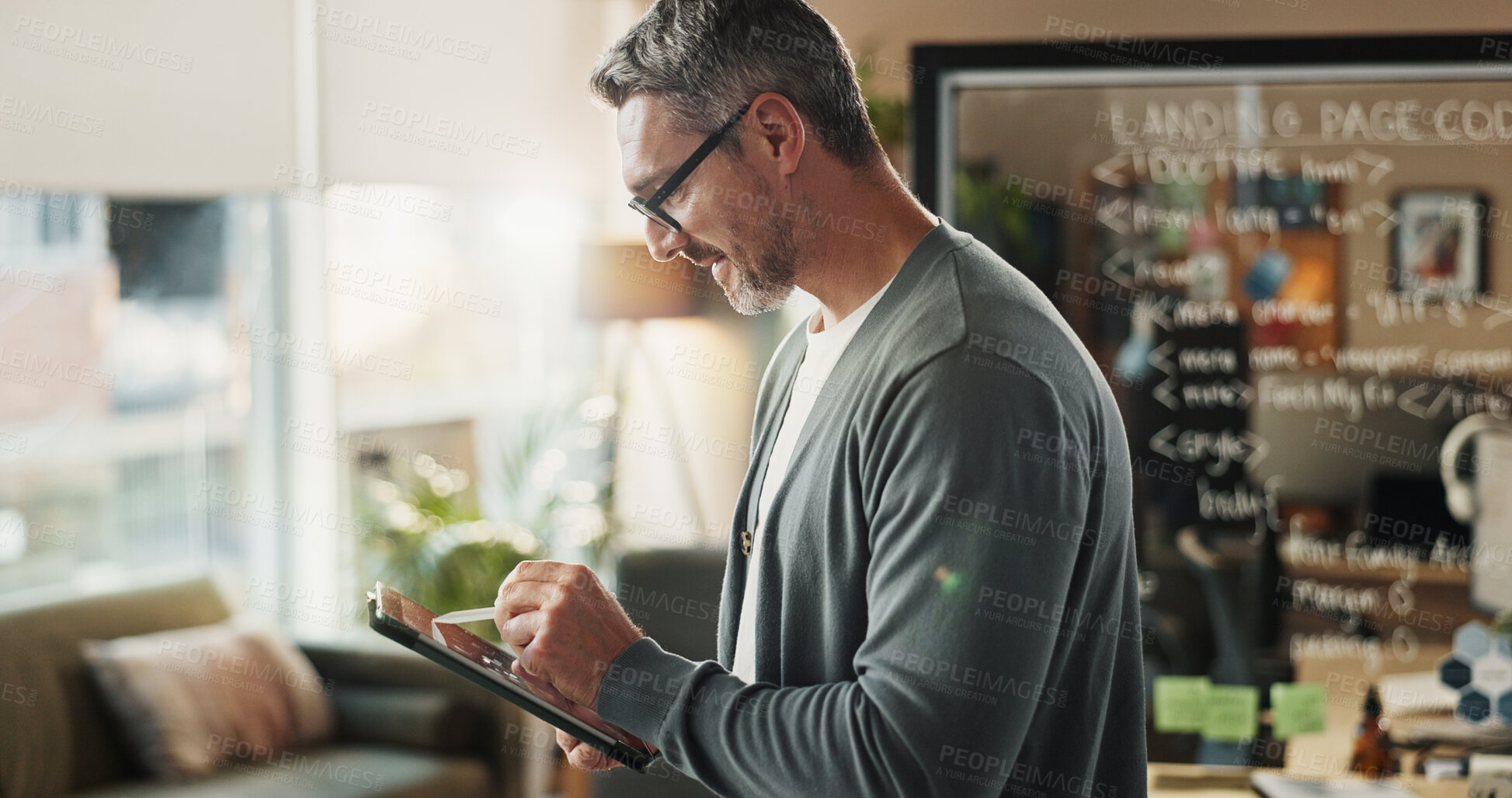Buy stock photo Employee, typing and mature man with tablet, smile or online schedule in modern office. Person, consultant or entrepreneur in workplace, technology or network with digital app for news update or chat