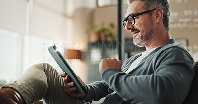 Buy stock photo Business, typing and man with tablet, smile and connection in modern office. Mature person, entrepreneur and employee in workplace, technology and network with digital app for online news or internet