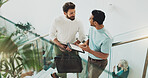 People, tablet screen and meeting in lobby for planning, agenda and feedback discussion on stairs. Above, tech or admin team in digital agency for business, schedule update or company web development