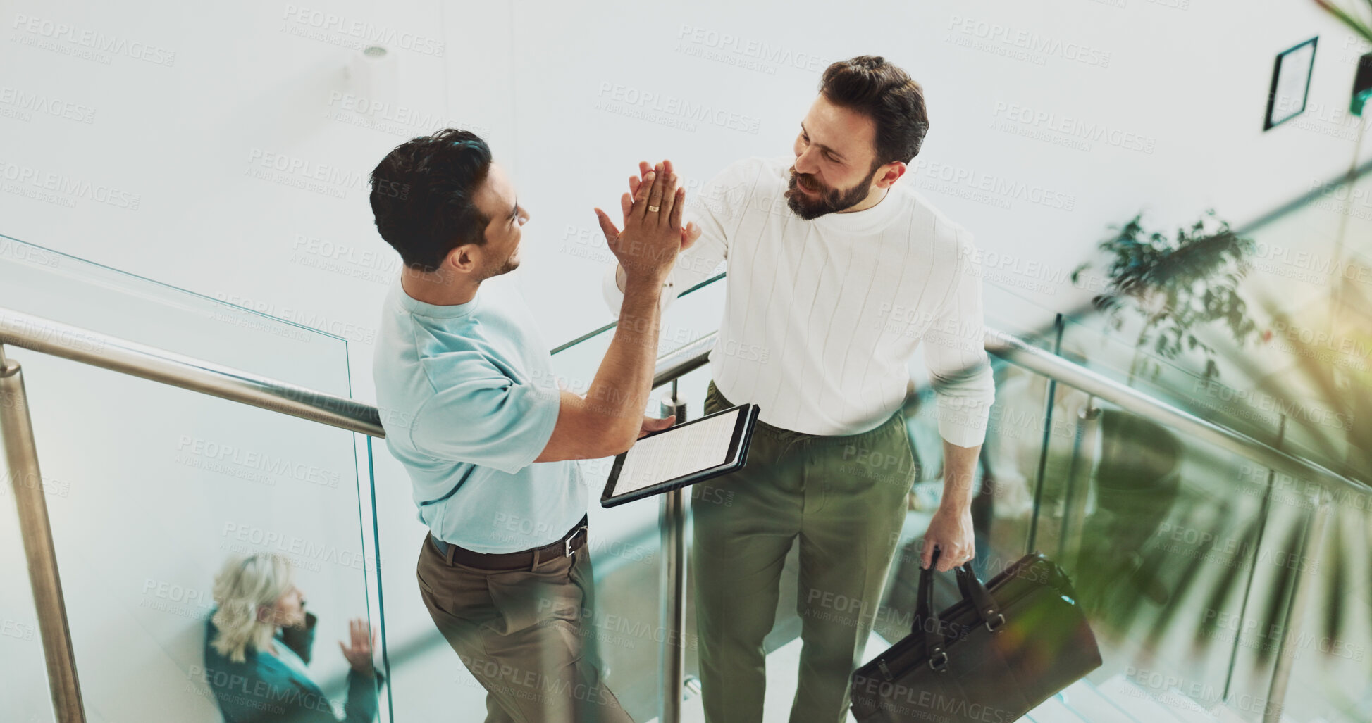 Buy stock photo People, tablet and high five in office for business, collaboration and communication with achievement. Partnership, stairs and tech with success in digital agency for meeting, thank you and teamwork