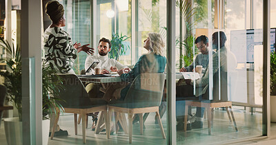 Buy stock photo People, presentation or feedback in office for finance, budget review or company growth at tech. Workshop, meeting or woman speaker with info for economy report, stats or business coaching in seminar