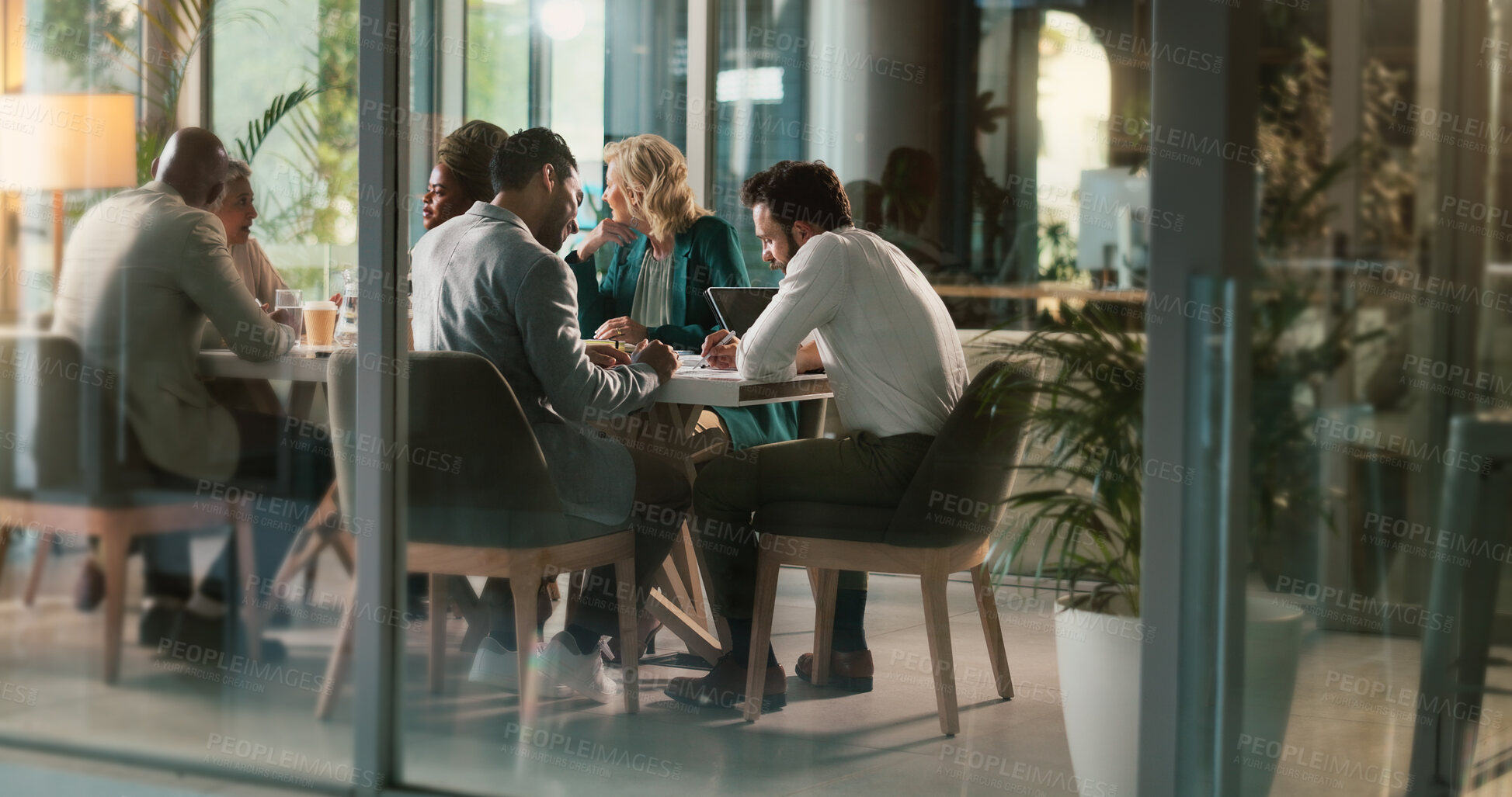 Buy stock photo Corporate, people and meeting with laptop in boardroom for project research, teamwork and budget discussion. Staff, communication and report for proposal of planning, information and finance feedback