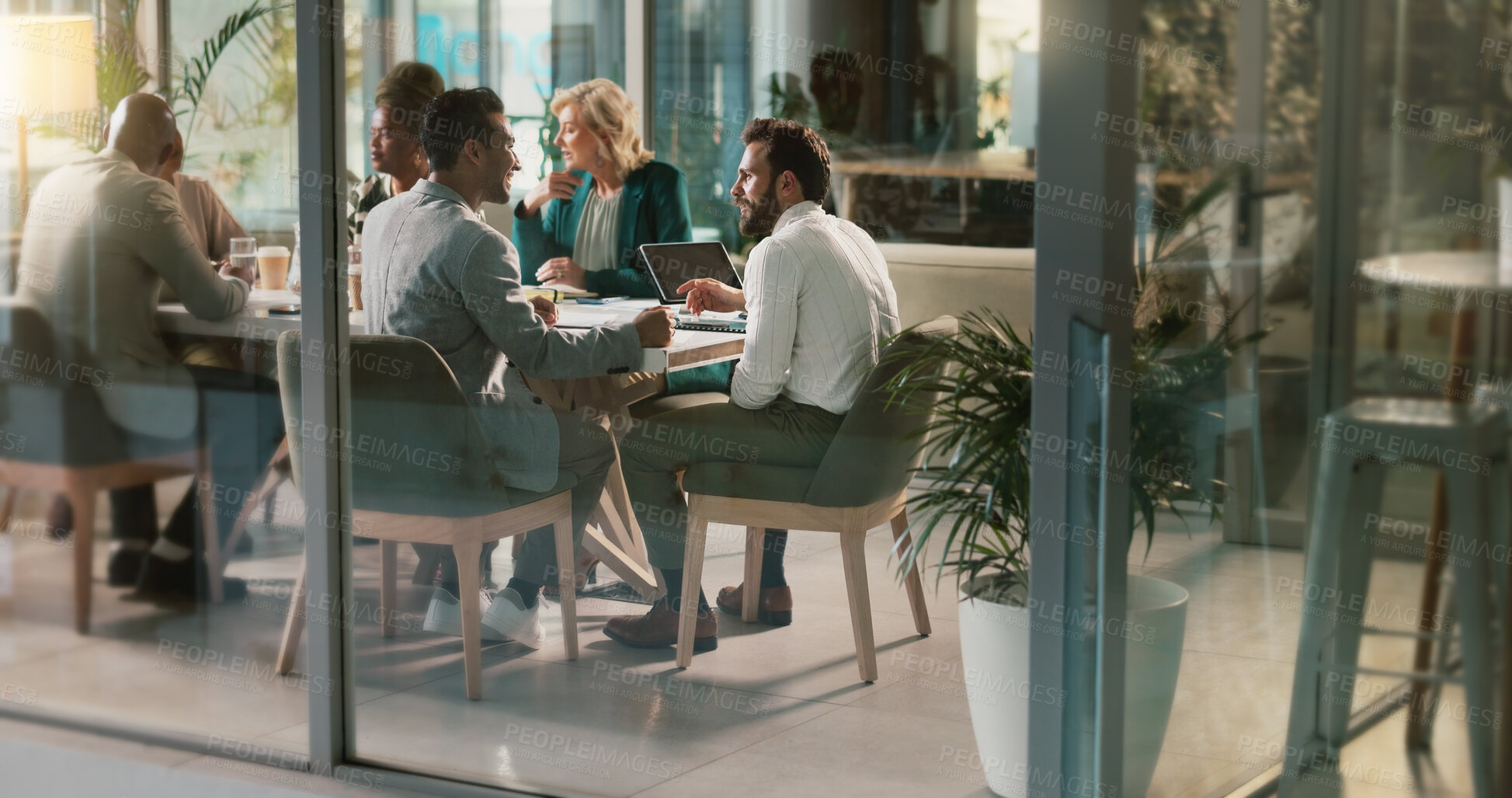 Buy stock photo Business, people and meeting with laptop in boardroom for project research, teamwork and budget discussion. Staff, communication and report for proposal of planning, information and finance feedback