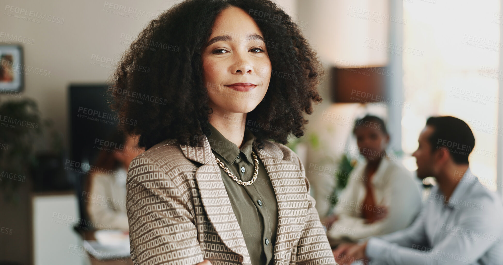 Buy stock photo Leadership, meeting and portrait of business woman in boardroom with colleagues for planning. About us, corporate and face of African manager in professional workplace for career development