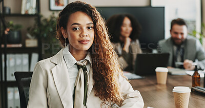 Buy stock photo Leadership, management and portrait of business woman in boardroom with colleagues for planning. About us, corporate and meeting with African manager in professional workplace for career development