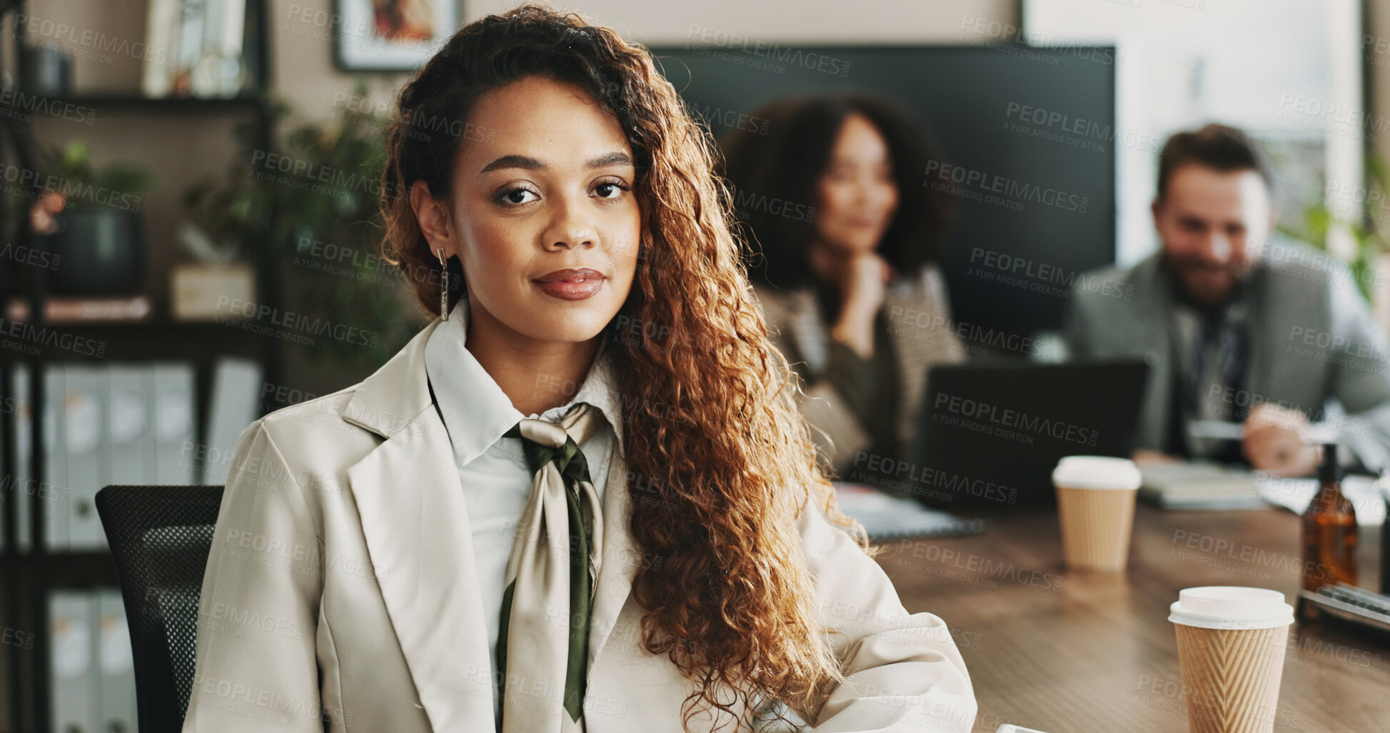 Buy stock photo Leadership, management and portrait of business woman in boardroom with colleagues for planning. About us, corporate and meeting with African manager in professional workplace for career development
