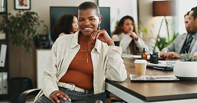 Buy stock photo Leadership, portrait and smile of business woman in boardroom with colleagues for planning. About us, corporate and meeting with happy manager in professional workplace for career development