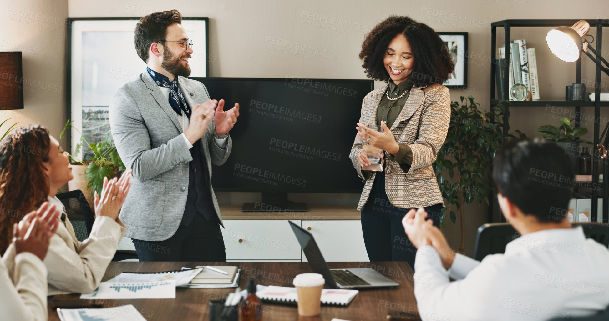 Buy stock photo Business, woman and happy for award with applause for achievement, success and well done. People, employees and smile with clapping hands at boardroom for celebration, congratulation and proud