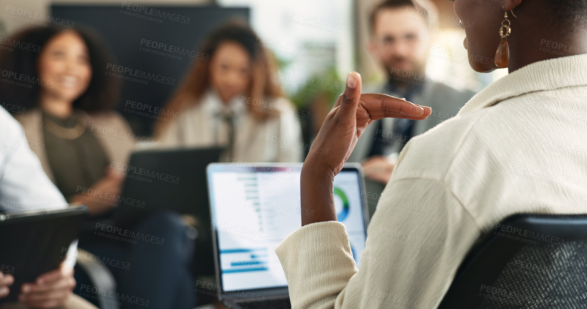Buy stock photo Laptop, hand and businesswoman in group meeting with graph, financial data and leader planning. Computer, team or manager brainstorming stats for risk management, kpi or discussion in office workshop