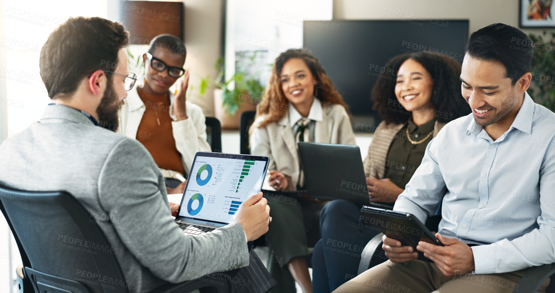 Buy stock photo Laptop, data and businessman in group meeting for planning, financial analysis or leader with metrics. Computer, happy team and manager brainstorming stats for discussion, kpi or investment in office