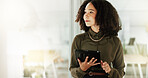 Woman, thinking and tablet at window for business, career opportunity and space in office. Female employee, technology and reflection at glass mockup for planning, mindset or bright future in company