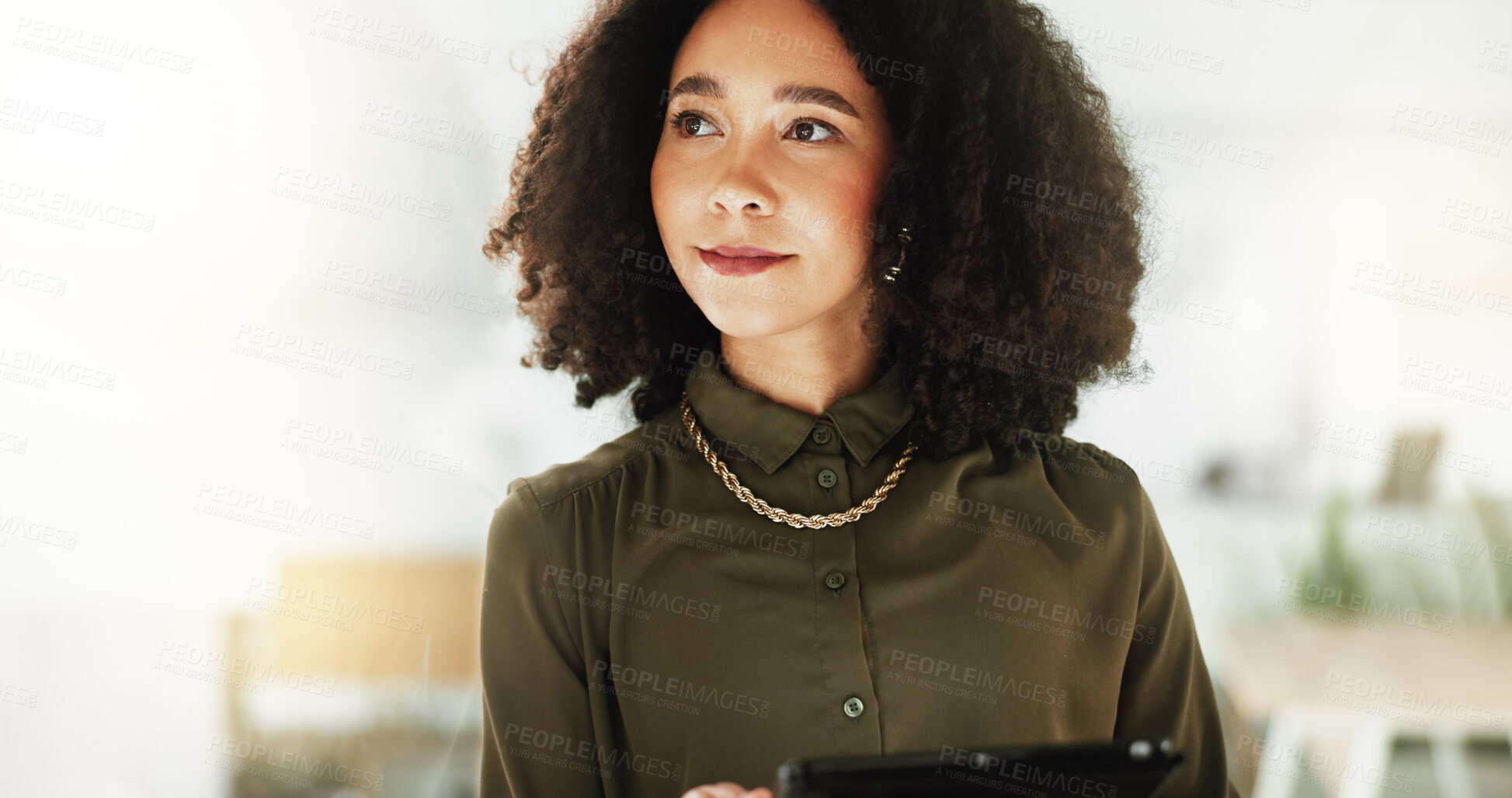 Buy stock photo Woman, thinking and tablet in office for business, career opportunity and smile at window. Ambitious employee, technology and reflection at glass for planning, mindset and bright future in company