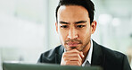 Face, laptop and thinking with business man in office for administration, report or research. Accounting, computer and problem solving with employee person in workplace for financial management