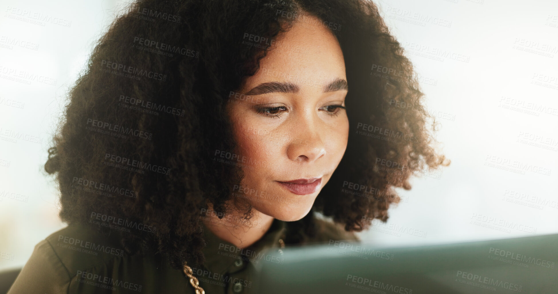 Buy stock photo Concentration, face and laptop with business woman in office for administration or economic research. Afro, bookkeeping and computer with African accountant in workplace for financial management