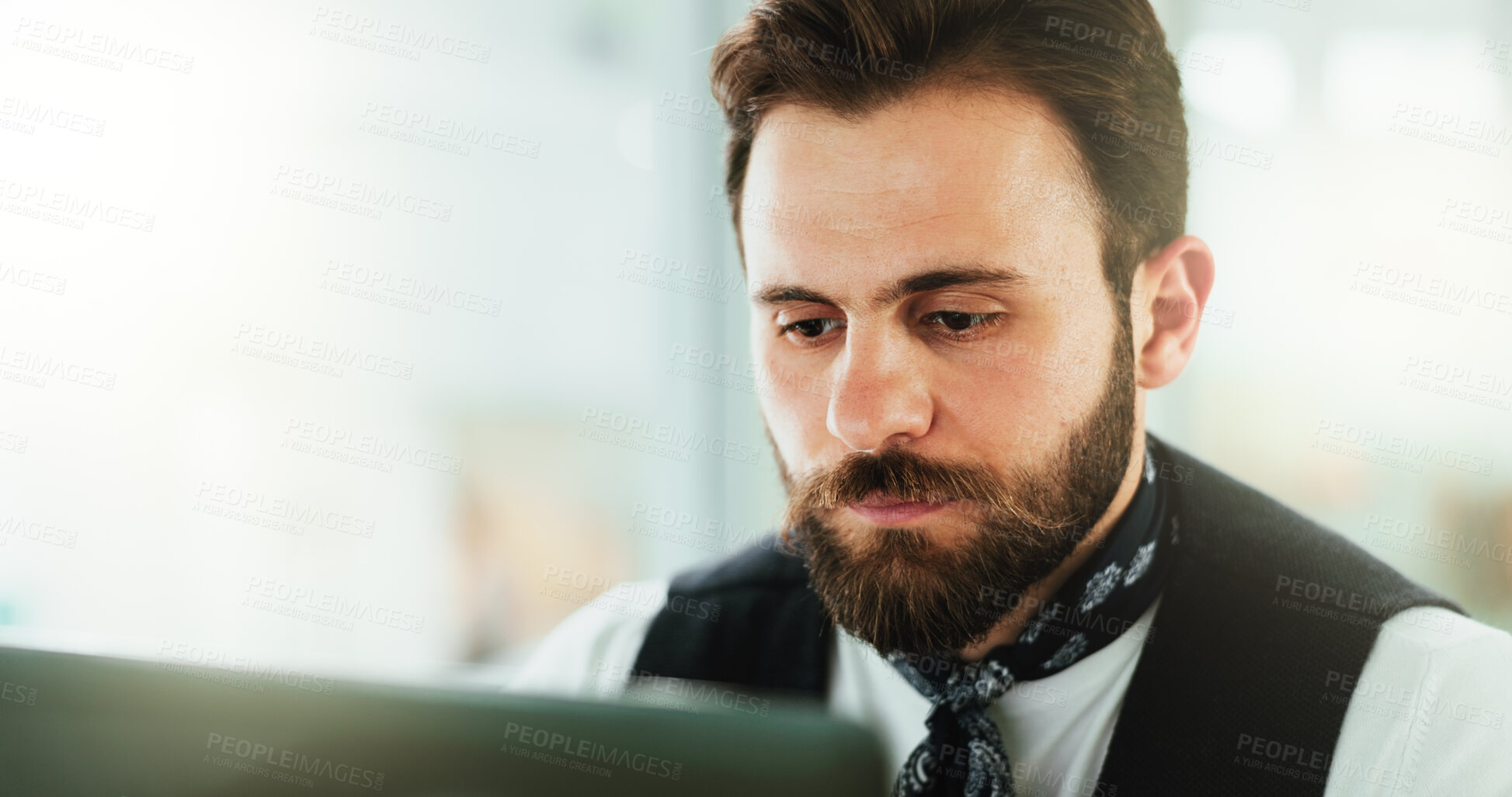 Buy stock photo Creative, face and laptop with business man in office for graphic design, report or research. Editing, illustrator and reading with employee person in workplace for online content management