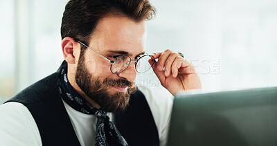 Buy stock photo Face, laptop and task with business man in office for administration, report or research. Accounting, computer and satisfied with happy employee person in workplace for online wealth management