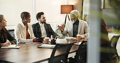 Buy stock photo Teamwork, planning and business people in meeting, communication and financial company. Employees, accounting firm and group in boardroom, cooperation and feedback for budget report, talk and review