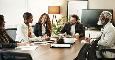 Buy stock photo Teamwork, feedback and business people in meeting, communication and financial company. Employees, accounting firm and group in boardroom, negotiation and review for budget report, help and talking